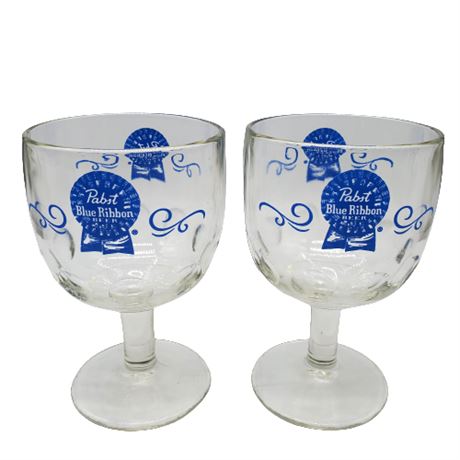 Pair Vintage Pabst Blue Ribbon Fishbowl Beer Glasses