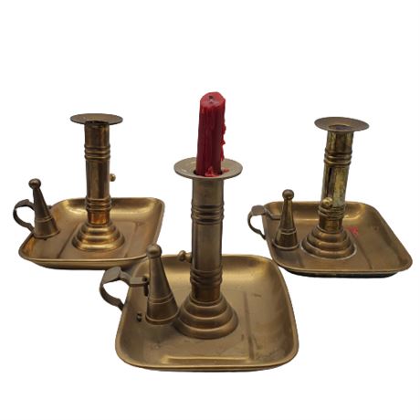 Brass Chamber Candle Holder Lot w/ Height Levers & Snuffers