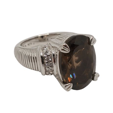Signed Judith Ripka Sterling Silver Smoky Quartz & CZ Cocktail Ring