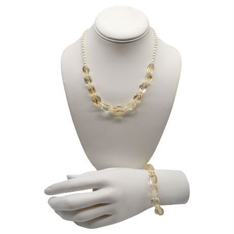 Rough Cut Citrine & Freshwater Pearl Necklace & Bracelet Set