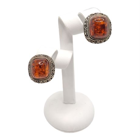 Signed PL Sterling Silver Baltic Amber Clip Earrings