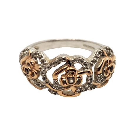 Signed Sterling Silver Rose Gold Roses Ring