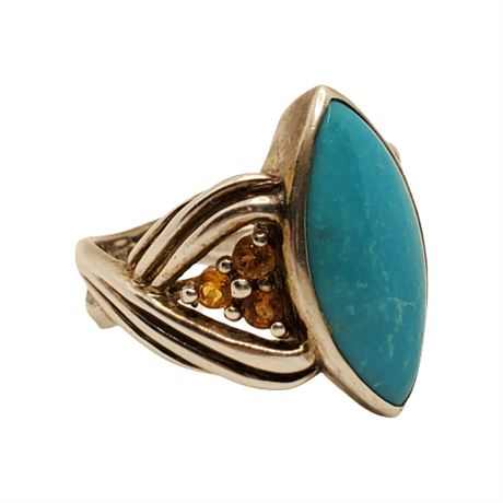 Signed Sterling Silver Turquoise & Yellow Gemstones Ring