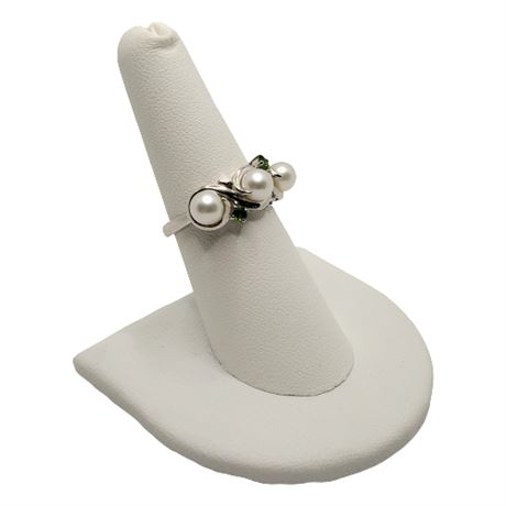 Signed Sterling Silver Genuine Pearl & Peridot Ring