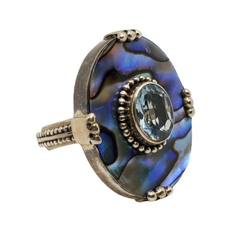 Signed Merav Sterling Silver Abalone & Blue Topaz Statement Ring