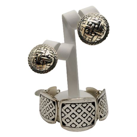 Signed Sterling Silver Mexico Bracelet & Clip Earrings Set