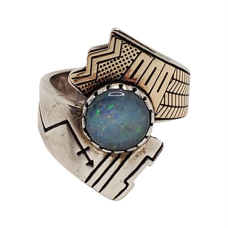 Signed Roderick Tenorio for Relios 14K Gold Sterling Silver Black Opal Ring
