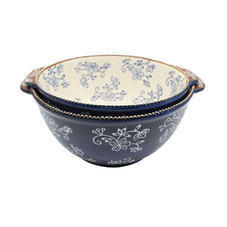 Temptations Hand Painted Floral Lace Dark Blue Mixing Bowls
