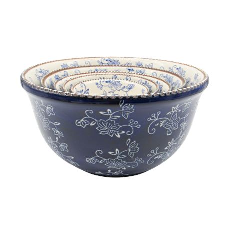 Temptations Hand Painted Floral Lace Dark Blue Mixing Bowls