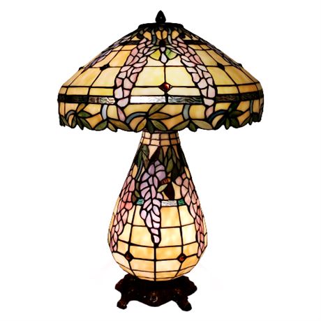 Tiffany Style Stained Glass Wisteria Table Lamp w/ Lighted Base