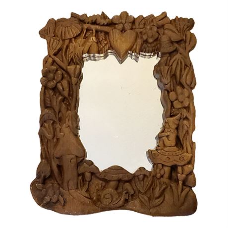 Vintage Faux Carved Wood Elf & Mushrooms Wall Mirror