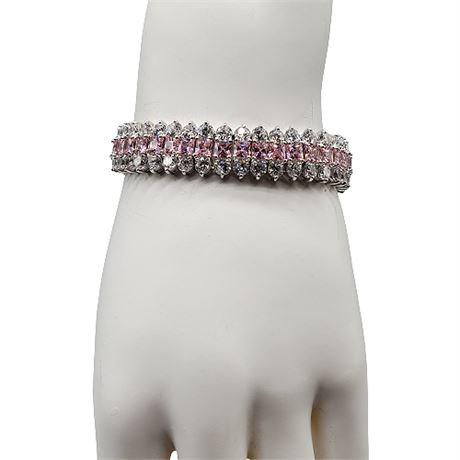 FAS Sterling Silver 3 Row Pink & CZ Tennis Bracelet
