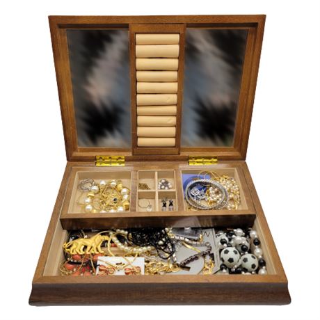 Costume Jewelry Lot in Wooden Jewelry Box