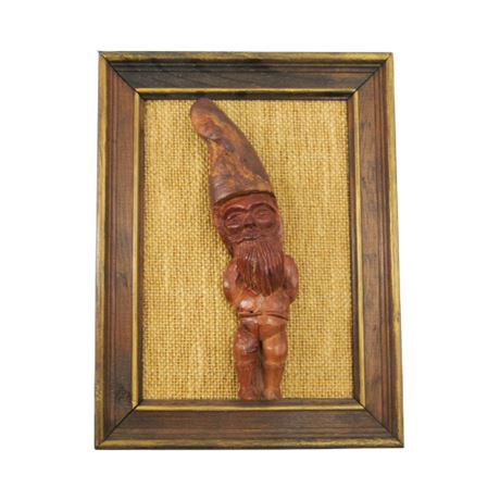 Framed Hand Carved Wood Gnome