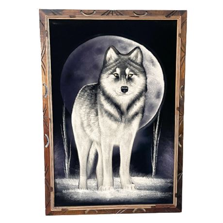 Vintage Velvet Wolf Painting Signed Ortiz