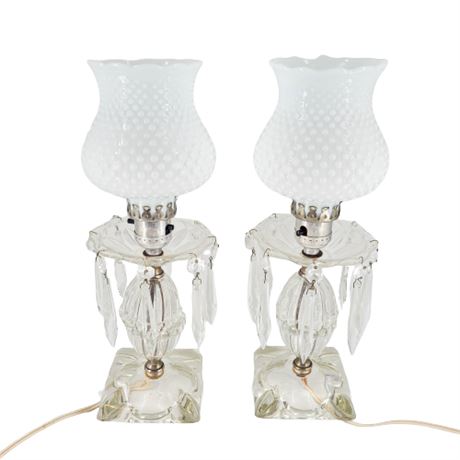 Electric Glass Table Lamps w/ Hob Nail Milk Glass Shades