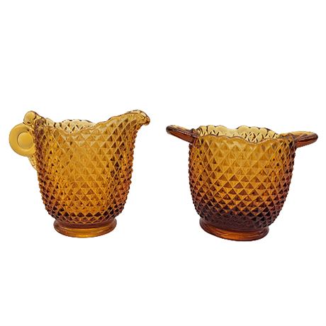 Vintage Diamond Point Amber Glass Mini Cream & Sugar