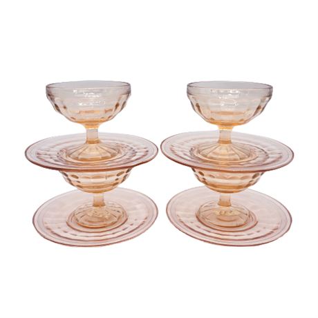 Vintage Optic Block  Pink Depression Glass Sherbet Glasses w/ Saucers