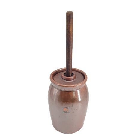 Vintage Glazed Pottery Butter Churn