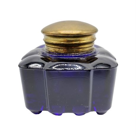 Vintage Cobalt Blue Glass Inkwell w/ Brass Flip Top Lid