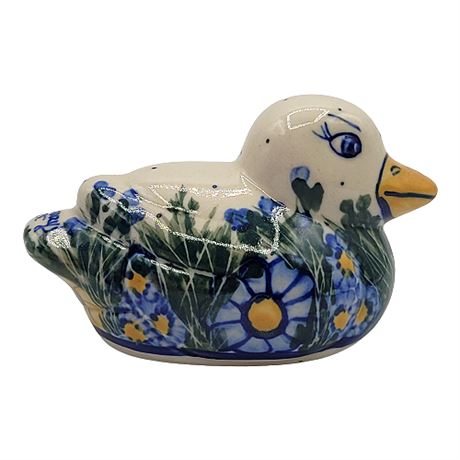 Signed Polish Pottery Floral Duck Figurine