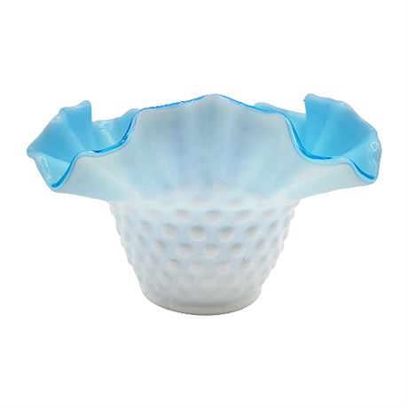 Kanawha Blue Cased Hobnail Milk Glass Crimped Ruffled Bowl