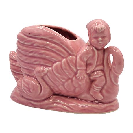 Vintage Pink Elf Riding Swan Ceramic Planter