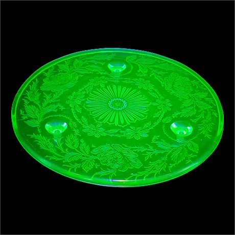 US Glass "Shaggy Rose Green" Uranium Glass Footed Cake Plate