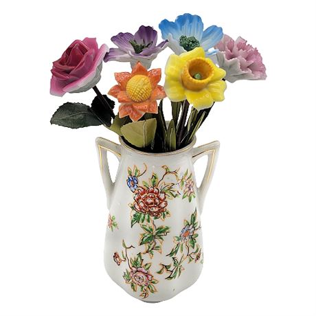 Takito Japan Hand Painted Porcelain Vase w/ Porcelain Flowers