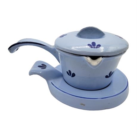 Vintage Dru Dutch Blue Enameled Cast Iron Butter Warmer/Saucier w/ Trivet Stand