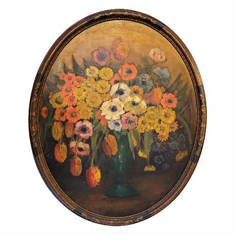 Large Signed Oval Floral Still-life Oil Painting