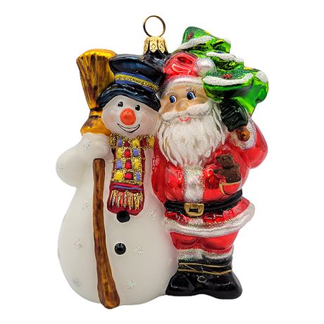 "Santa With Snowman" Polonaise Collection by Komozja Blown Glass Ornament