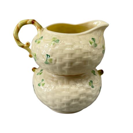 Belleek Pottery Irish "Basket Weave" Cream & Sugar