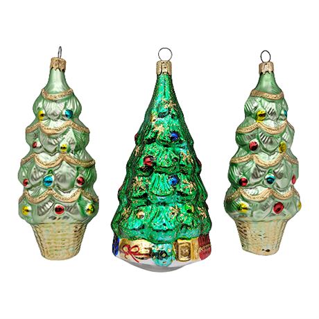 Christmas Trees Hand Painted Blown Glass Ornaments