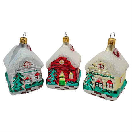 Columbia Snowy Houses Hand Painted Blown Glass Ornaments