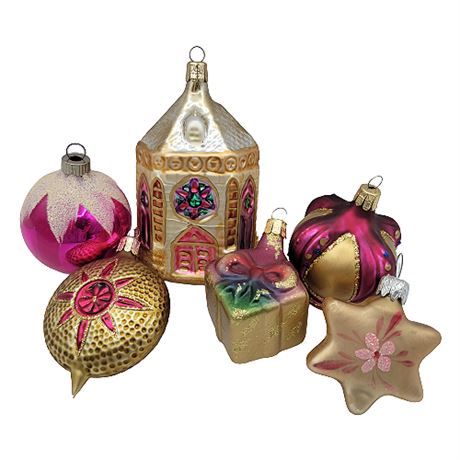 Vintage Pink & Gold Hand Painted Blown Glass Ornaments