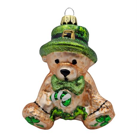 Peggy Abrams "Irish Bear" Hand Painted Blown Glass Ornament