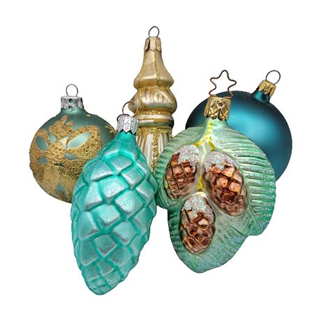 Vintage Aqua & Gold Hand Painted Blown Glass Ornaments