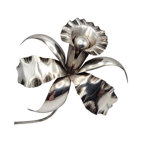 Large Sterling Silver Orchid Flower Brooch