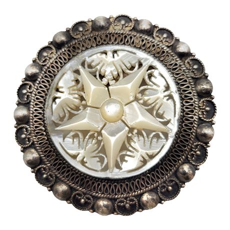 Jerusalem 900 Silver Carved Mother of Pearl Brooch/Pendant