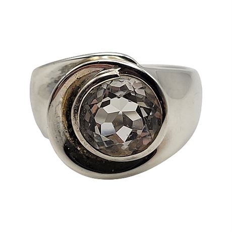 Signed ELLE Sterling Silver Crescent Moon Clear Gemstone Ring