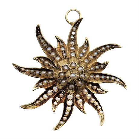 Victorian 14K Gold Seed Pearl Sunburst Pendant