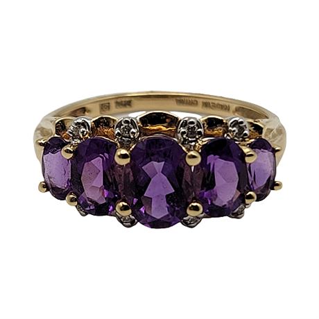 Signed 14K Gold Amethyst & Diamond Ring