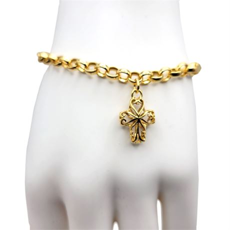 Aurafin 14K Belcher Chain Bracelet w/ Open Filigree Cross Charm