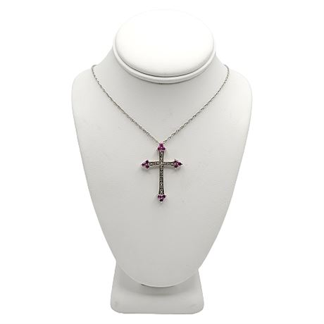 Signed Sterling Silver Ruby & White Sapphire Cross Necklace
