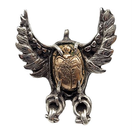 Signed KALI Sterling Silver Egyptian Revival Winged Scarab Pendant