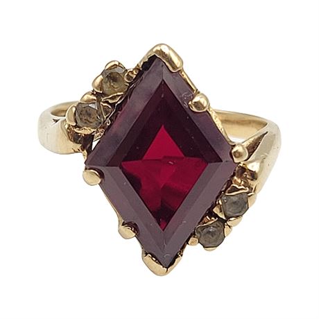 Vintage Signed 10K Gold Garnet & Diamond Ring