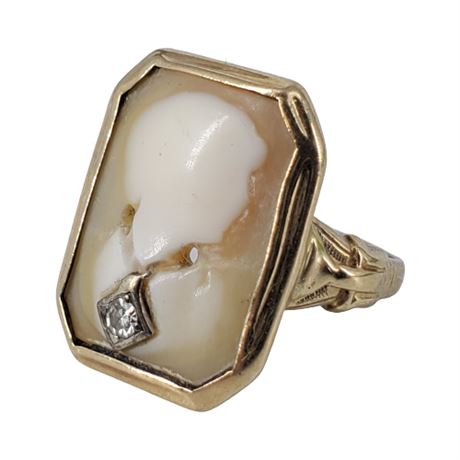 Vintage 10K Gold & Diamond Cameo Ring