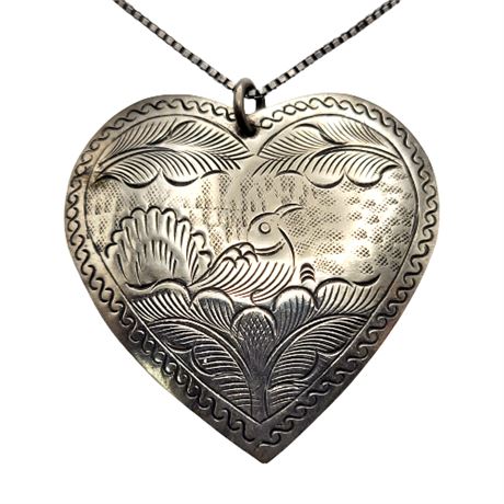 Large Engraved Heart Pendant on Sterling Silver Box Chain
