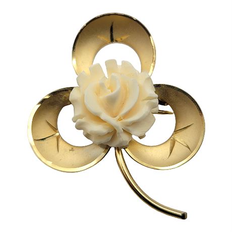Tru-Kay Gold Filled Clover Carved Bone Rose Brooch